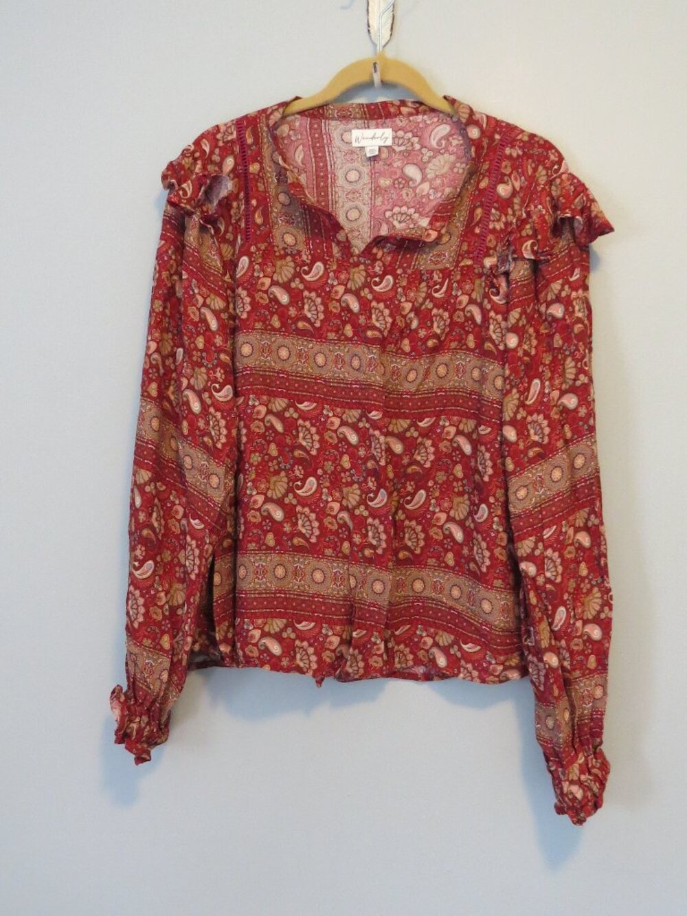 Wonderly Dark Red Paisley Floral Print Ruffle Detail Top Blouse Shirt Sz PXL